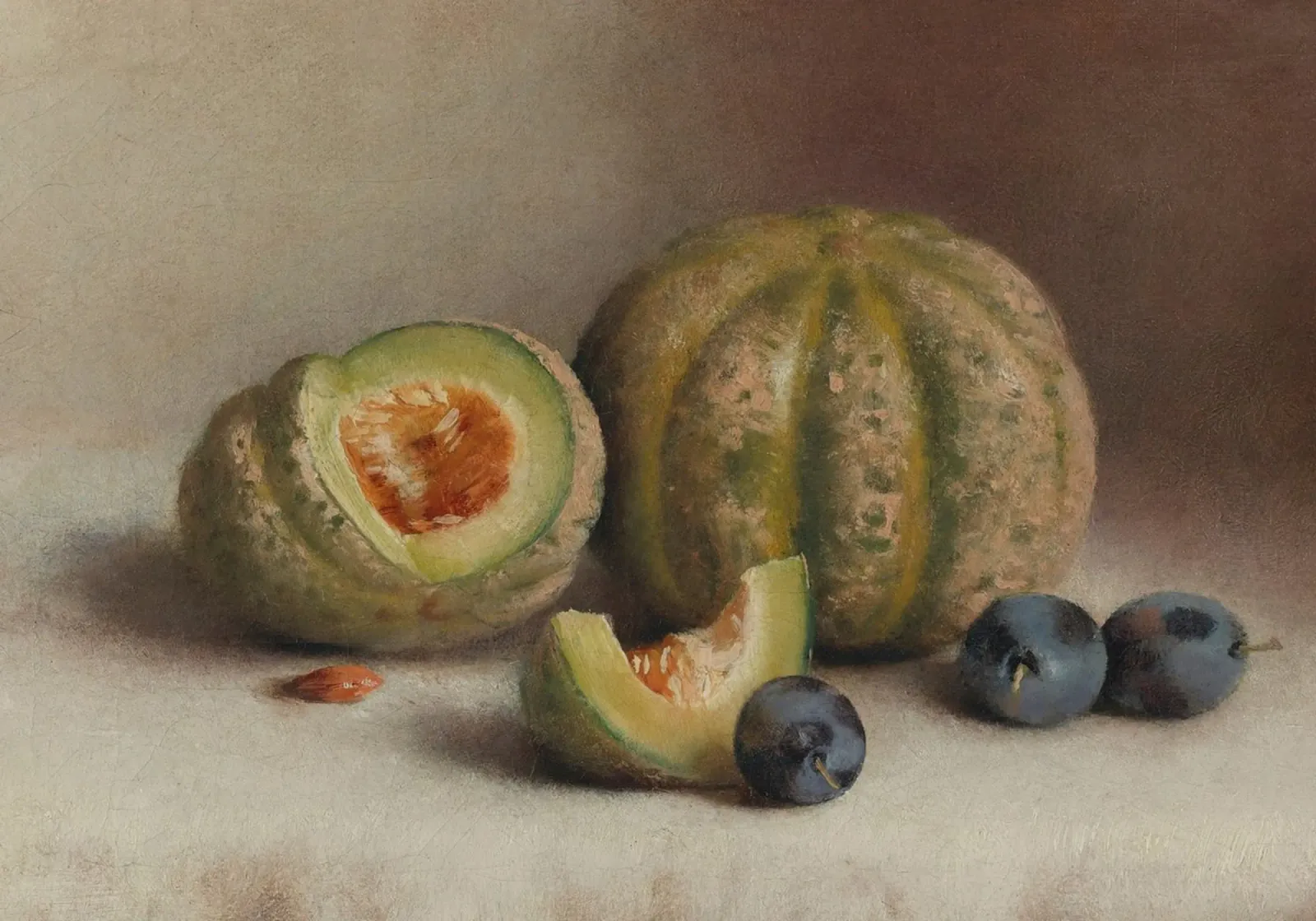 Natura morta di meloni e prugne - Pittura realistica di frutta pellicola backlit da ClubArt