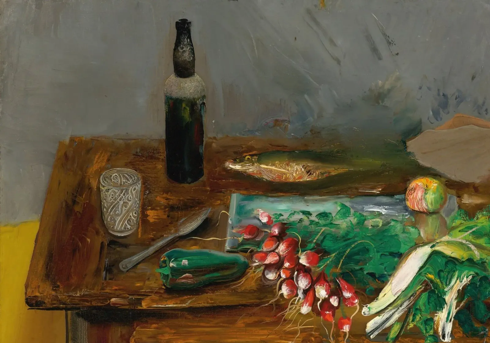 Tavolo da cucina con natura morta - Arte espressiva del cibo e delle bottiglie poster con telaio in plastica da ClubArt