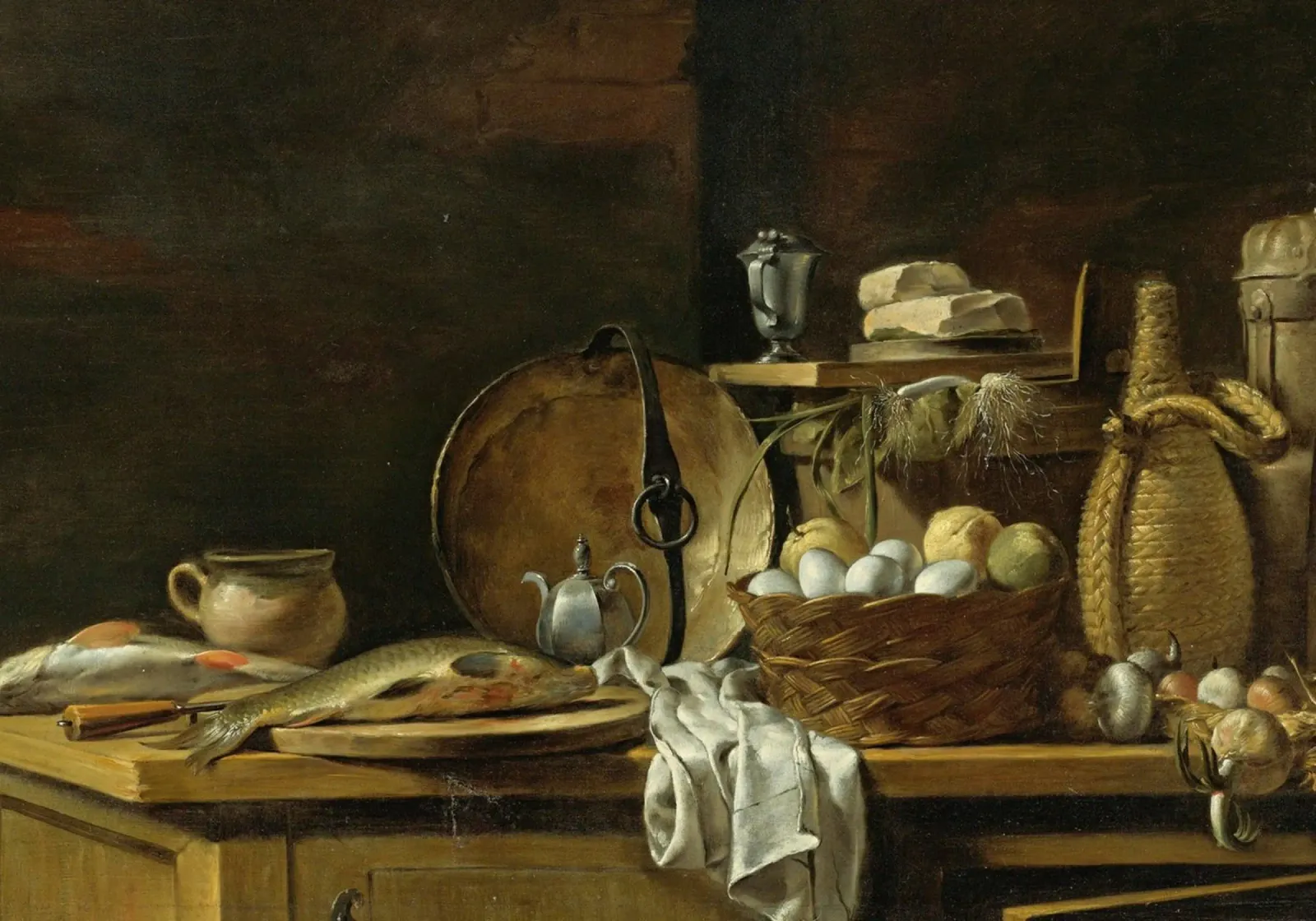Stilleven keuken voorraadkast - Oude meester vis & eieren canvas met Baklijst van ClubArt