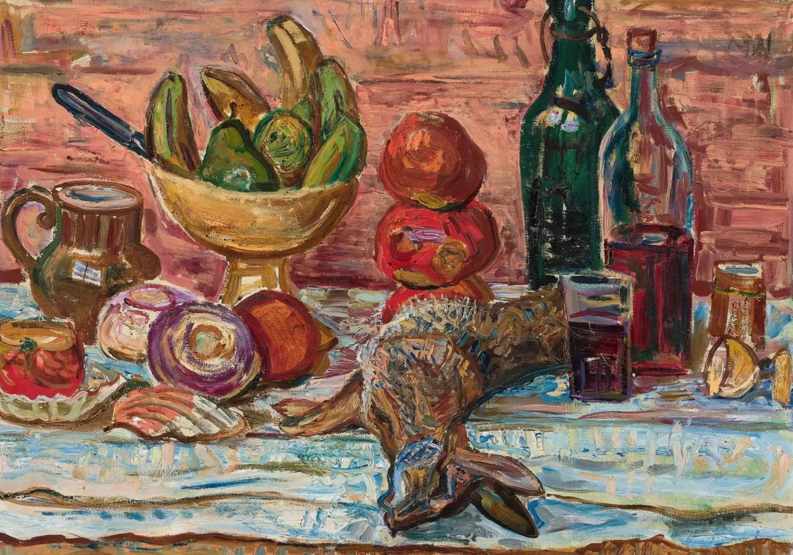 Natura morta di uccelli, frutta e bottiglie - Pittura espressionista pellicola backlit da ClubArt