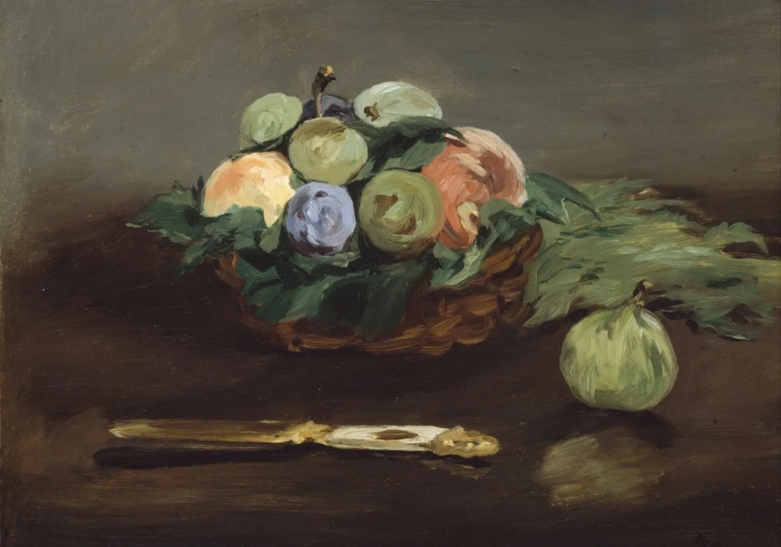 Korb mit Obst Stillleben - Manet Impressionistische Kunst Poster mit Holzrahmen von ClubArt