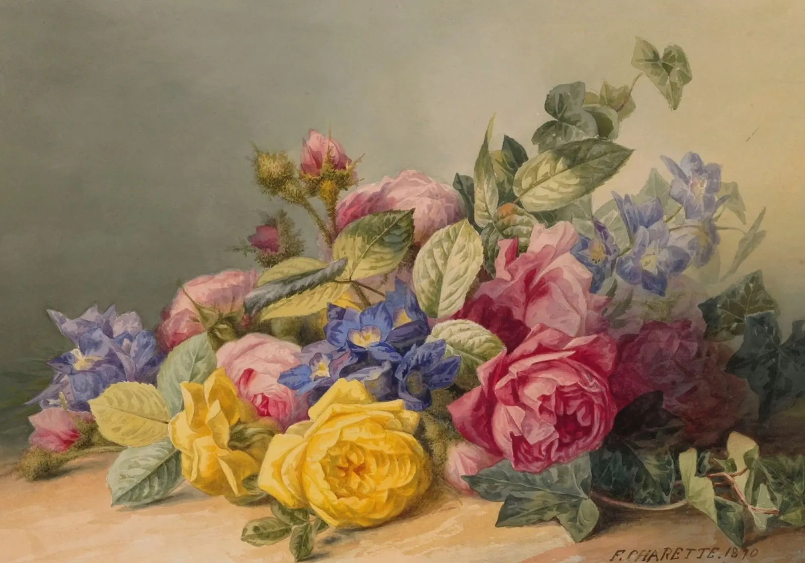Natura morta floreale Charette - Rose e delfini d'epoca tela con Cornice a cassetta da ClubArt
