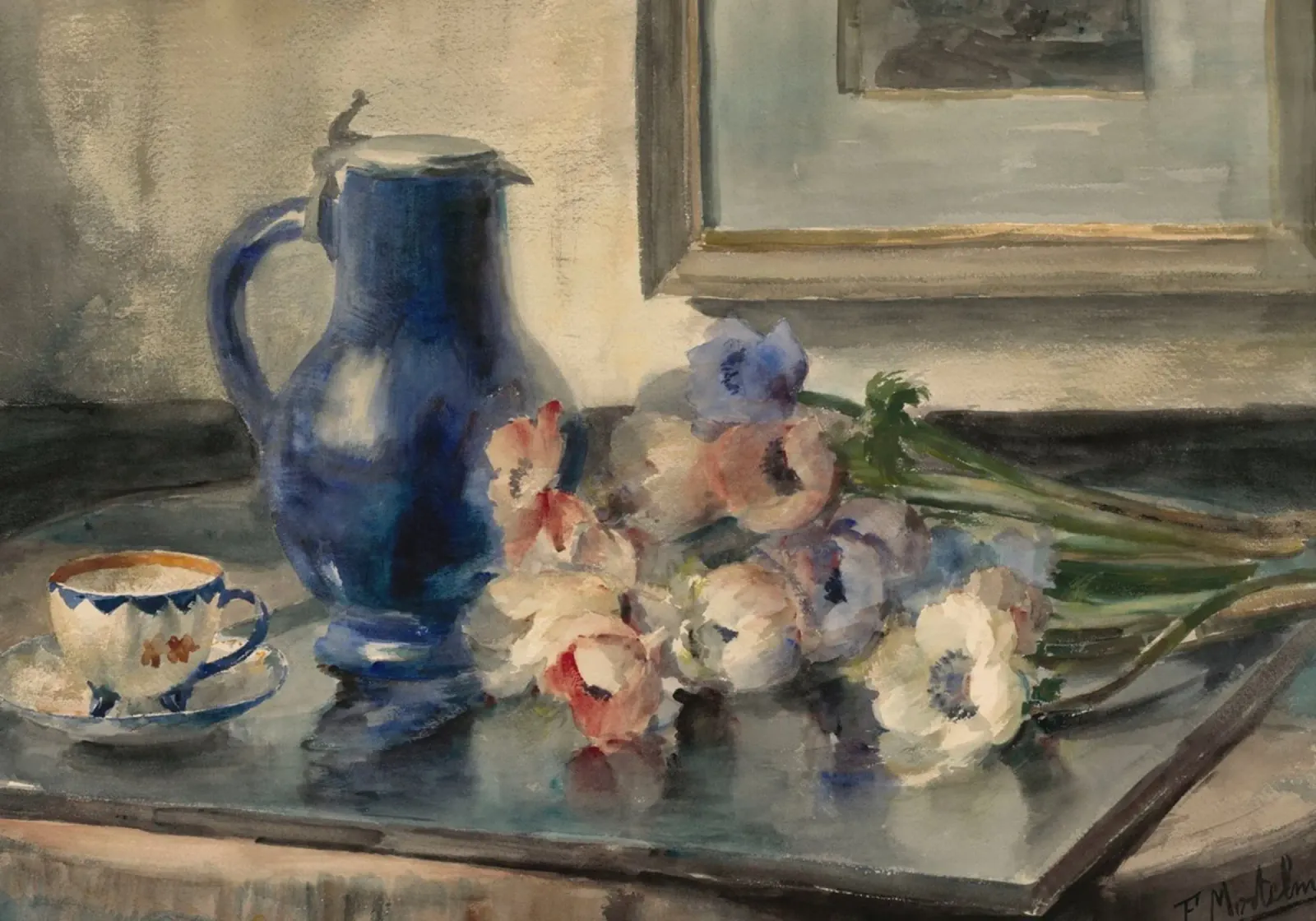 Natura morta con fiori e brocca blu - Acquarello poster con telaio in legno da ClubArt