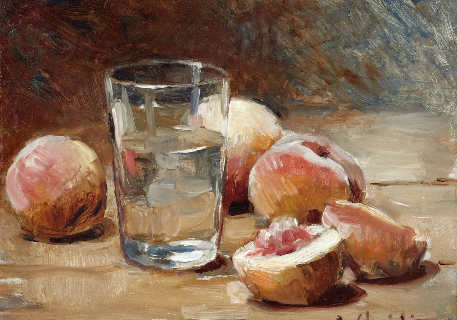 Stilleven perziken & waterglas - Expressieve fruitkunst canvas met Baklijst van ClubArt