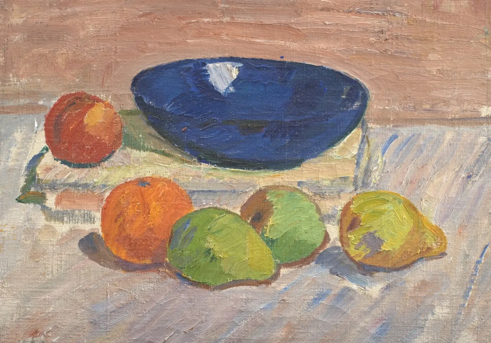 Stilleben Blaue Schale & Obst - Texturierte impressionistische Kunst Poster mit Kunststoffrahmen von ClubArt