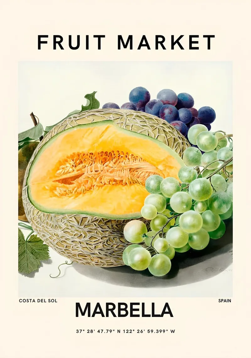 Mercato della frutta di Marbella - Poster botanico Melone e uva pellicola backlit da ClubArt