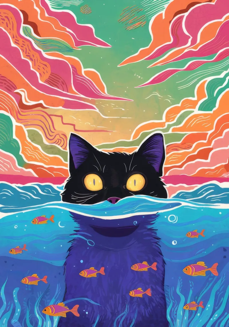 Gatto surreale a forma di boccia di pesce poster con telaio in plastica da FadeAura