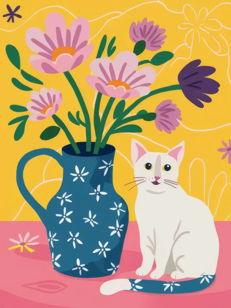 Gatto bianco Fiori rosa poster con telaio in plastica da FadeAura