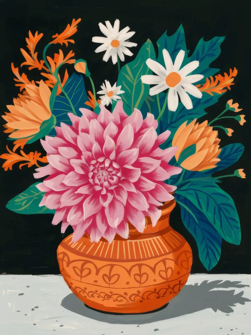 Terracotta Pot Daliahs poster con telaio in plastica da FadeAura