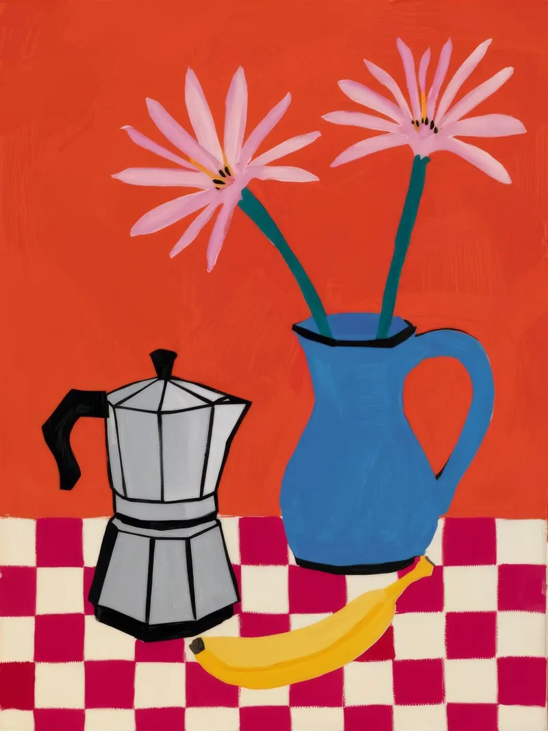 Pentola per moka con piano a scacchi poster con telaio in legno da Muse Artworks