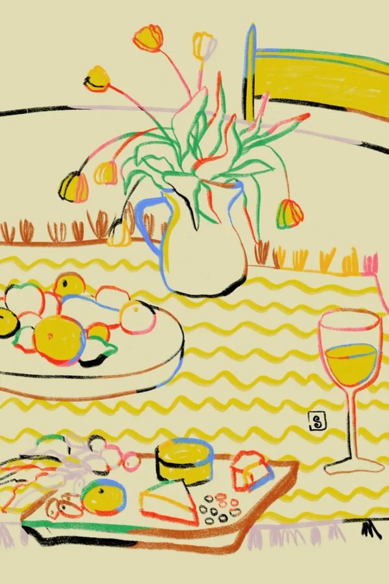 Yellow Tulips, Wine And Cheese poster con telaio in plastica da Sandra Poliakov