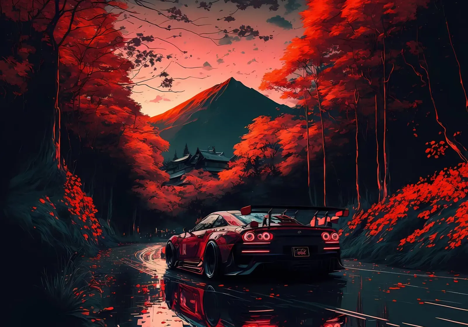 alberi rossi per auto sportive poster da Lesley Sturgess