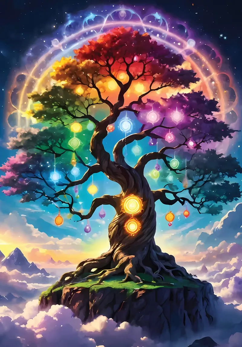 rainbow colors fantasy tree aurora lights canvas by Jennifer R Spyhalski