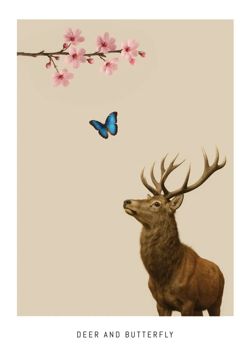 Cerf et papillon - Moment de calme poster avec cadre en aluminium de Artezza