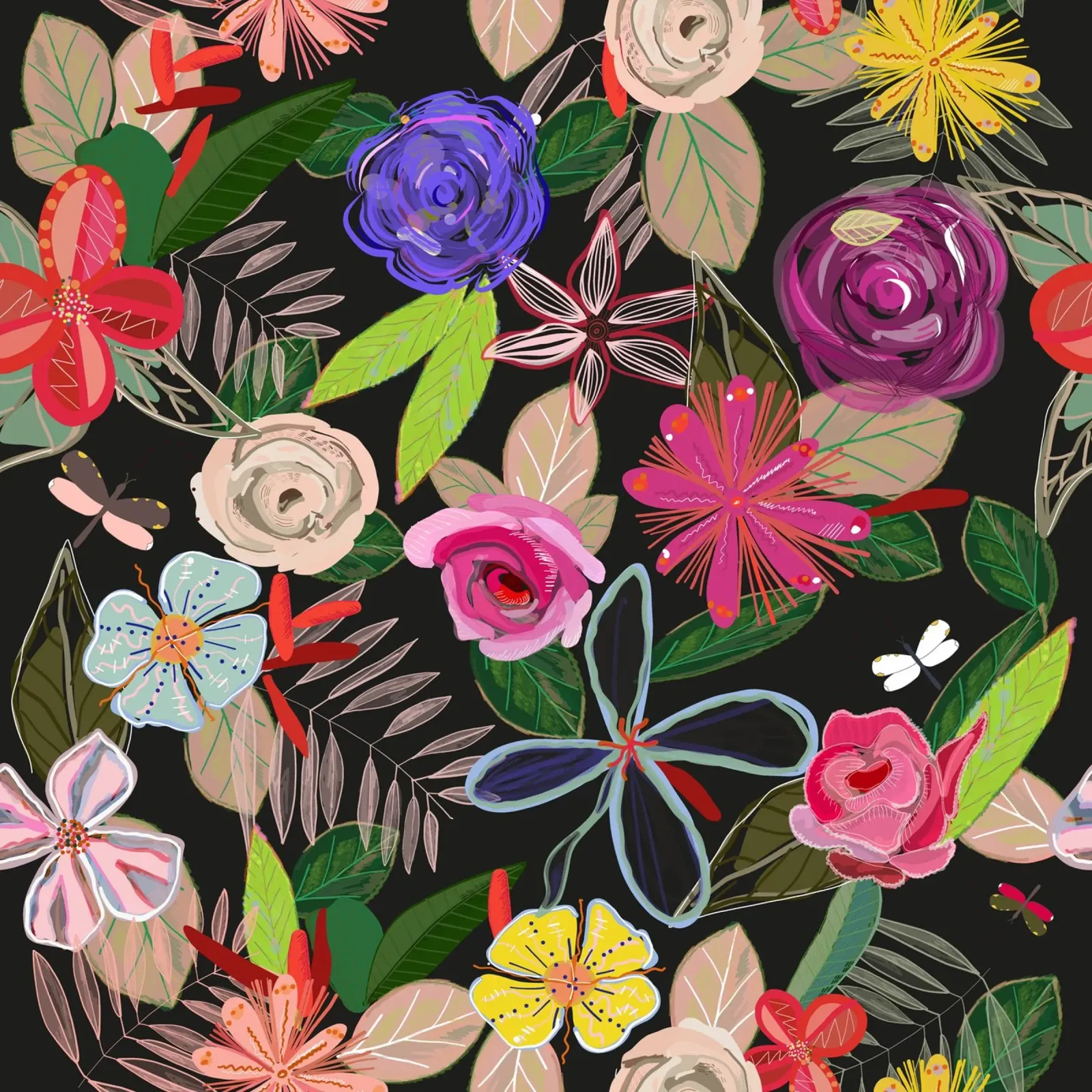 Vivid colorful botanical flowers pattern with black backgrnd canvas by gulsengunel