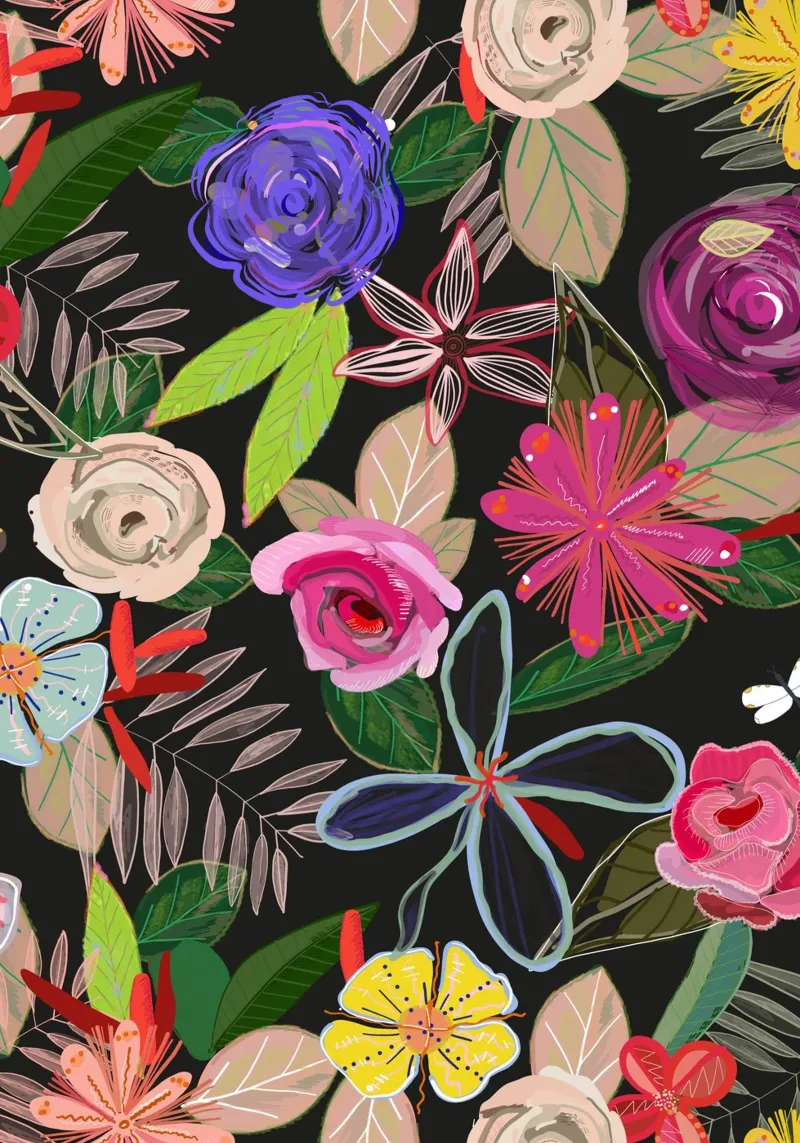 Motif de fleurs botaniques aux couleurs vives sur fond noir toile de gulsengunel