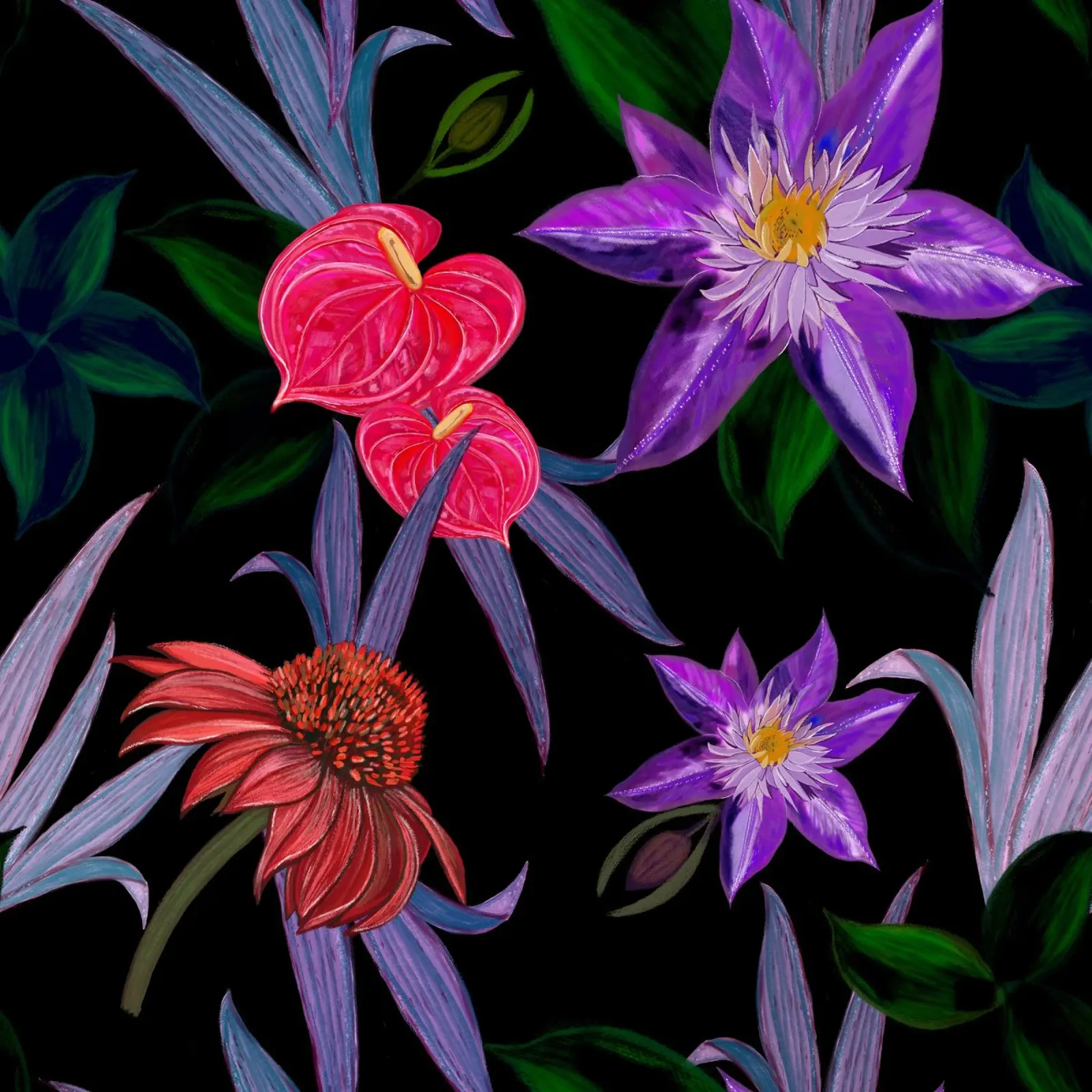 Fiori tropicali nero tela con Cornice a cassetta da gulsengunel