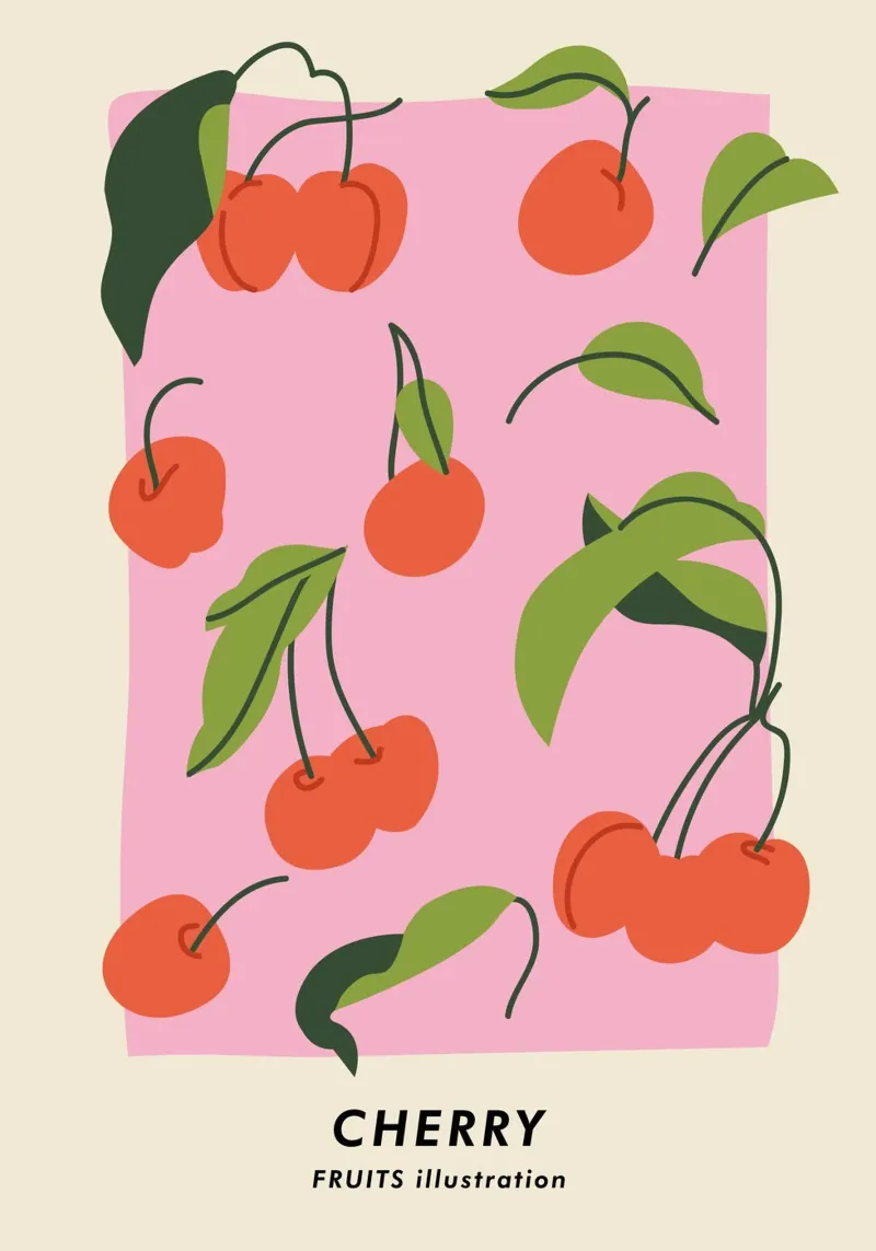 Stampa d'arte minimalista sulla ciliegia - Illustrazione di frutta di tendenza poster con telaio in plastica da ClubArt