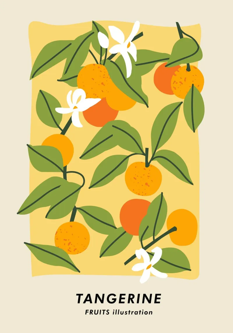 Stampa d'arte Vibrant Tangerine - Illustrazione di agrumi in fiore poster con telaio in legno da ClubArt