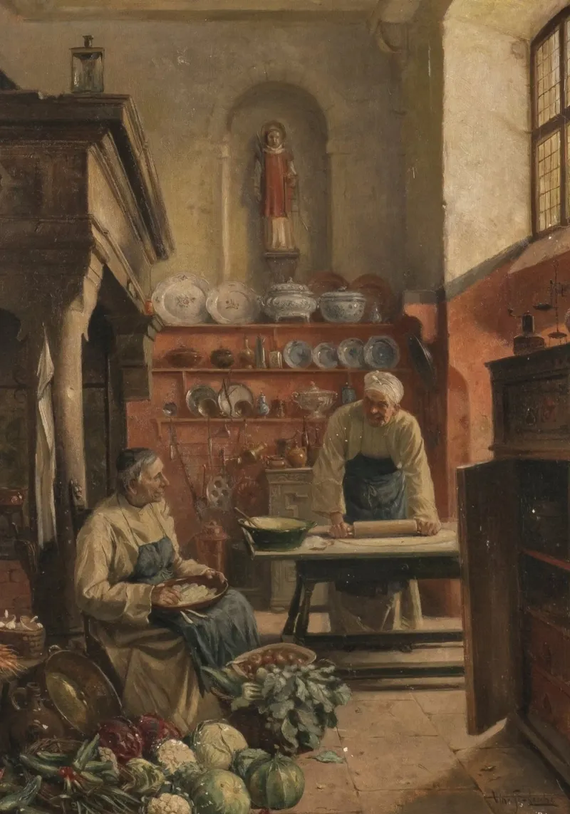 Old World Kitchen Scene - Traditional Realism Art Print canvas by ClubArt