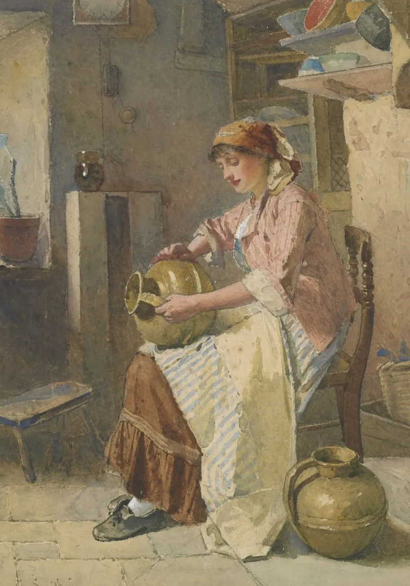19e-eeuwse vrouw met aardewerk - rustieke keukenscène canvas van ClubArt