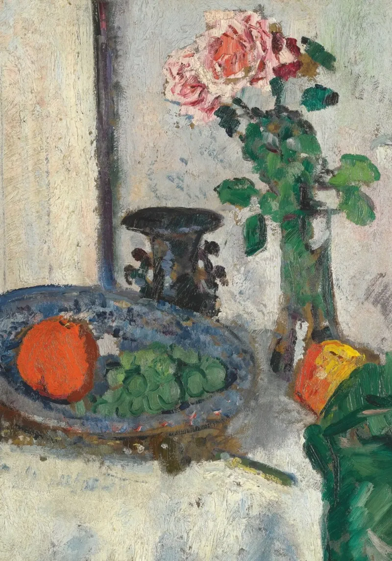 Natura morta post-impressionista - Pittura di rose e frutta poster con telaio in alluminio da ClubArt