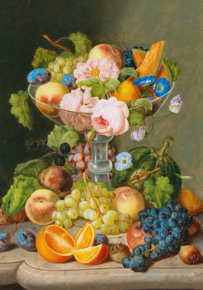 Natura morta vittoriana con cornucopia di frutta e fiori pellicola backlit da ClubArt