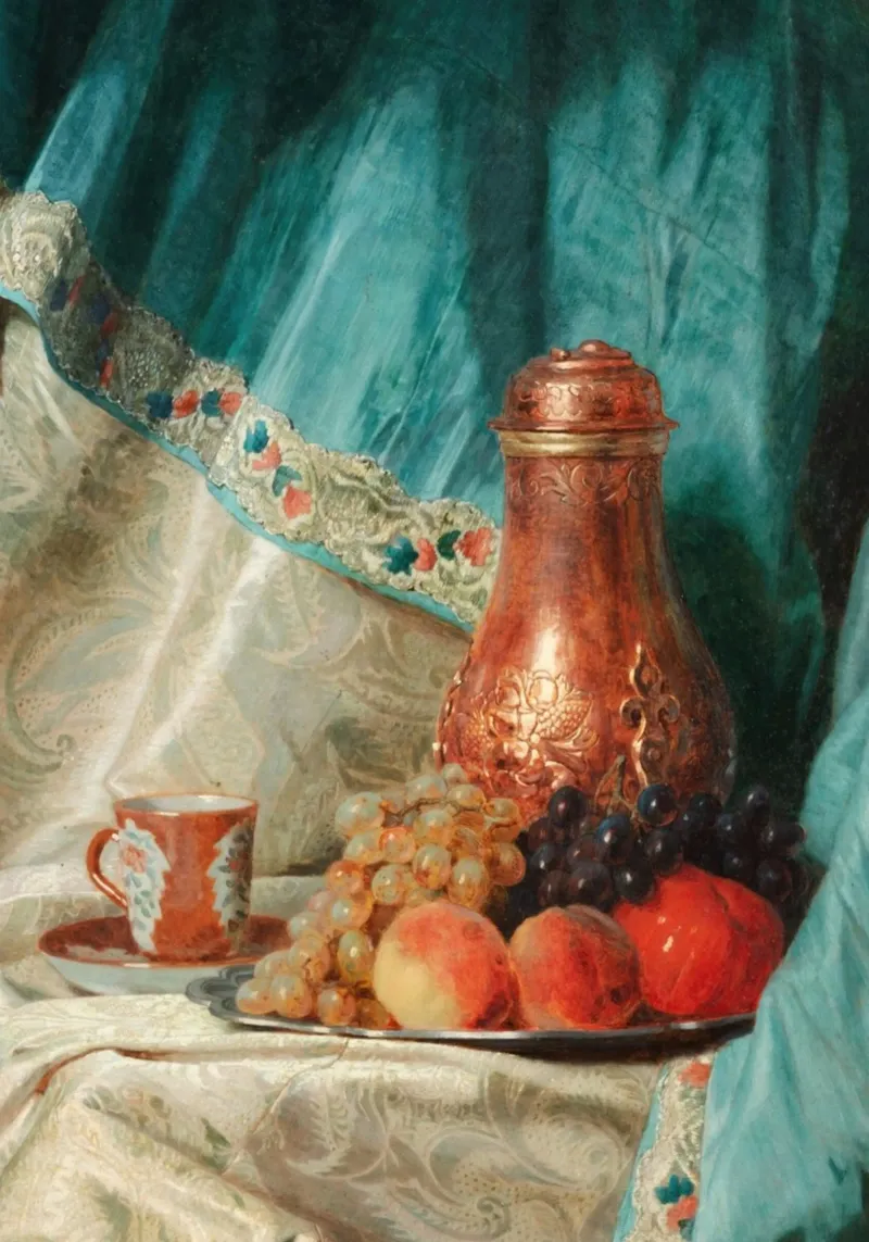 Viktorianisch-orientalisches Stillleben - Kupfer und Früchte Poster von ClubArt