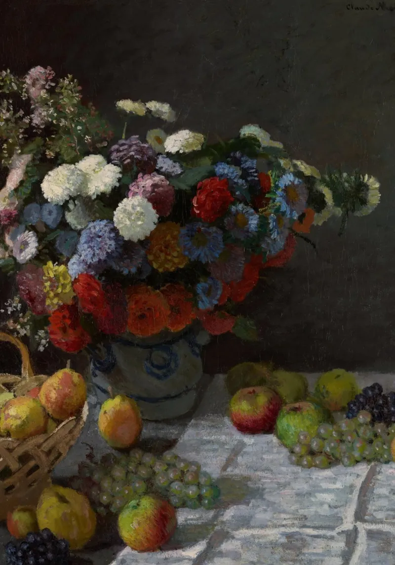 Monet's Chrysanthemen & Obst Stillleben Impressionistische Kunst Poster mit Holzrahmen von ClubArt