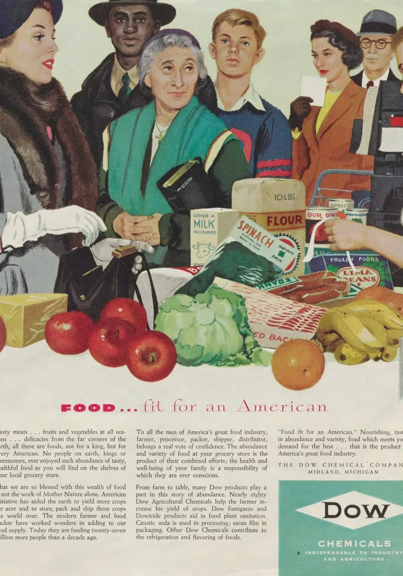 Pubblicità vintage di Dow Chemical "Cibo per un americano poster con telaio in plastica da ClubArt