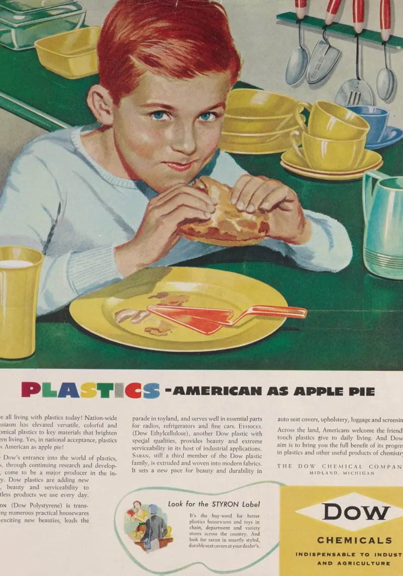 Pubblicità d'epoca di Dow Plastics - "Americano come una torta di mele poster da ClubArt