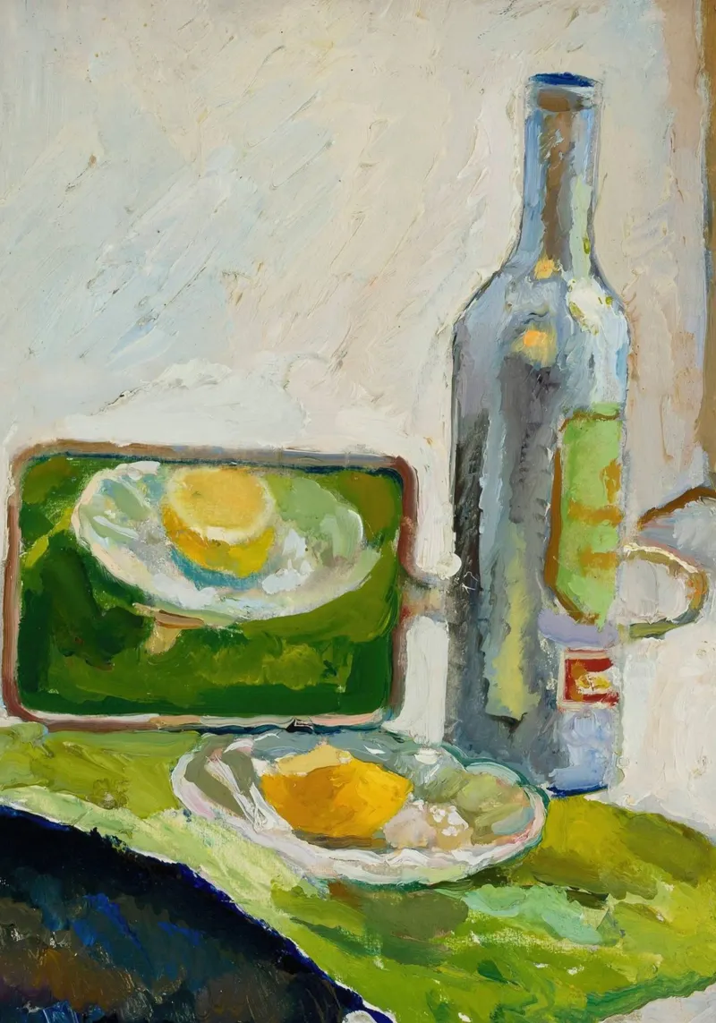 Bodegón Moderno Limón y Botella - Impresión artística con textura hahnemühle de ClubArt