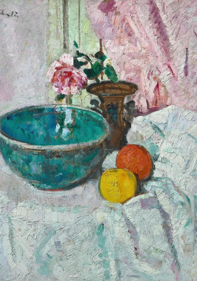 Impasto Stilleven Turquoise Kom & Roos Kunstdruk canvas met Baklijst van ClubArt