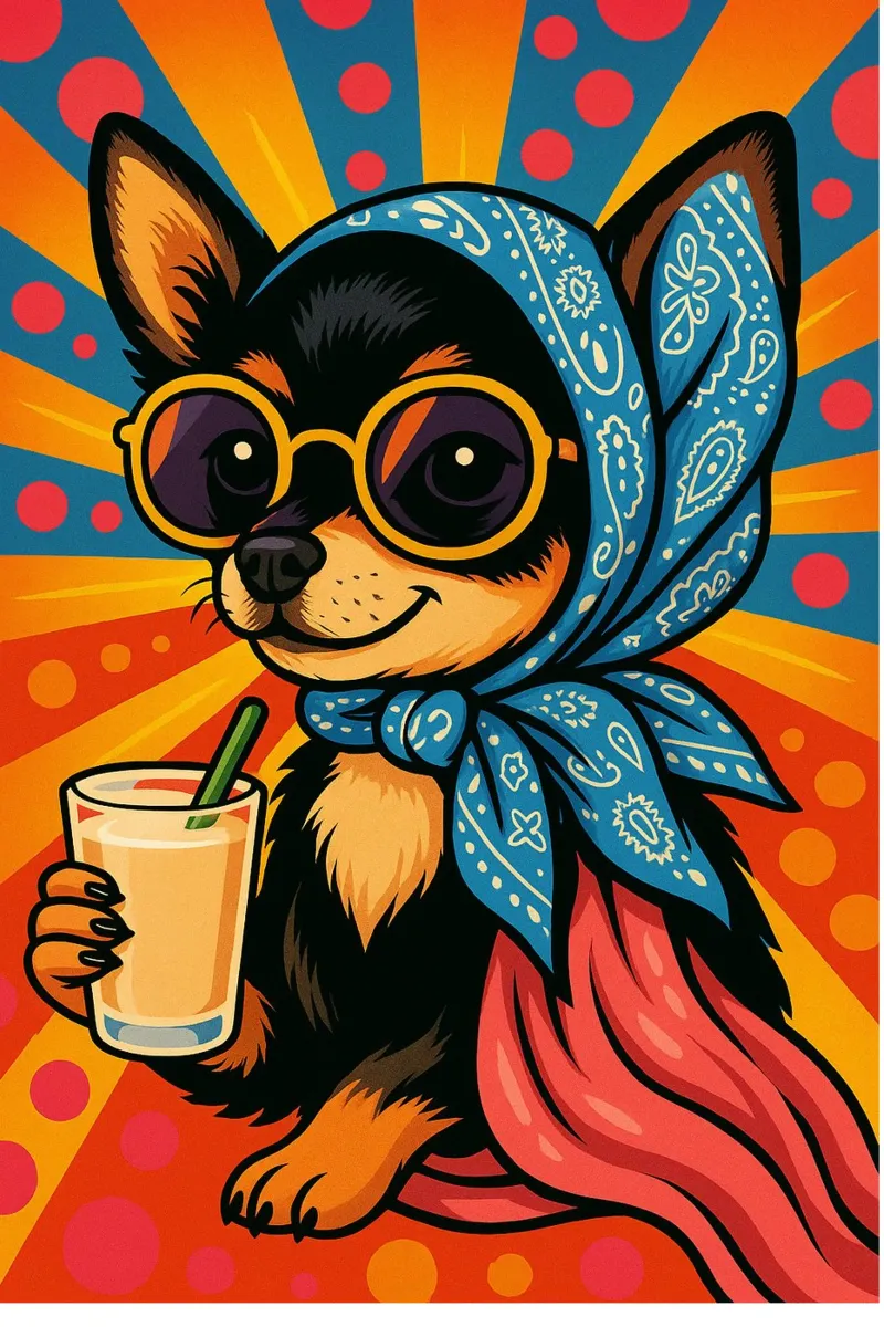 Chihuahua nero e abbronzato con occhiali, con in mano un cocktail plexiglass da Kalisson