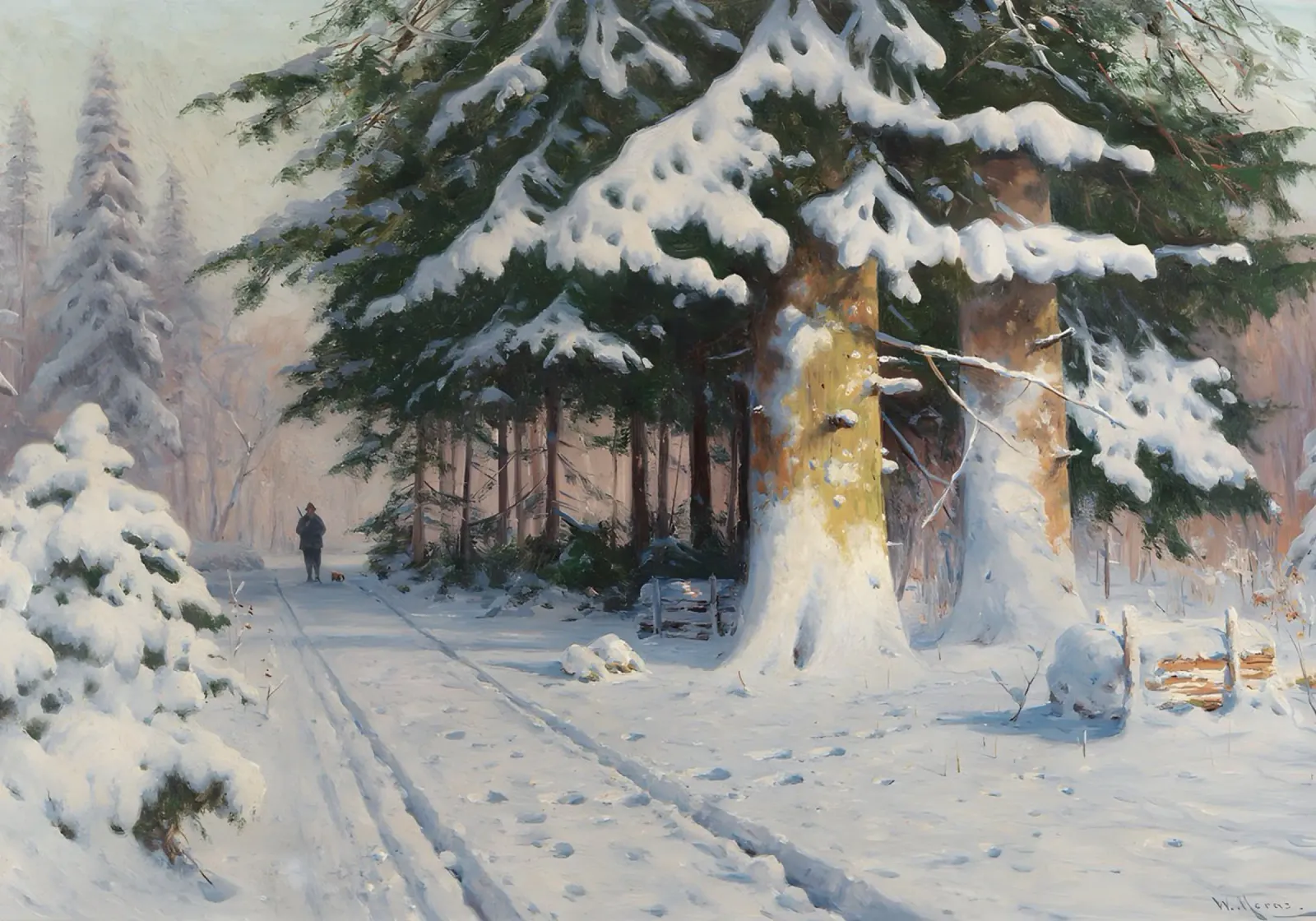 Il cacciatore di foreste invernali di Walter Mora - Arte dei pini innevati pellicola backlit da ClubArt