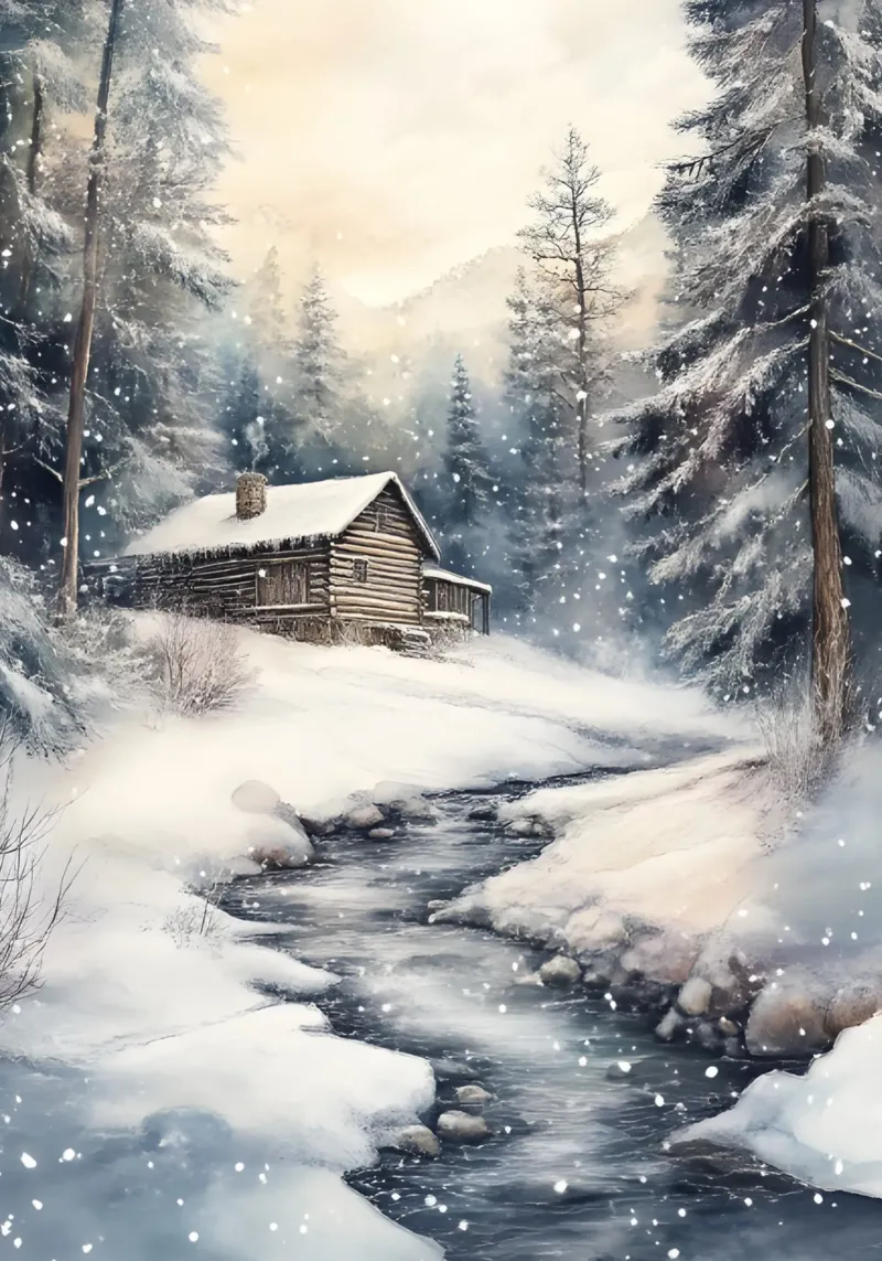 Impression d'art sur le paysage d'une cabane d'hiver douillette - Scène enneigée poster de ClubArt