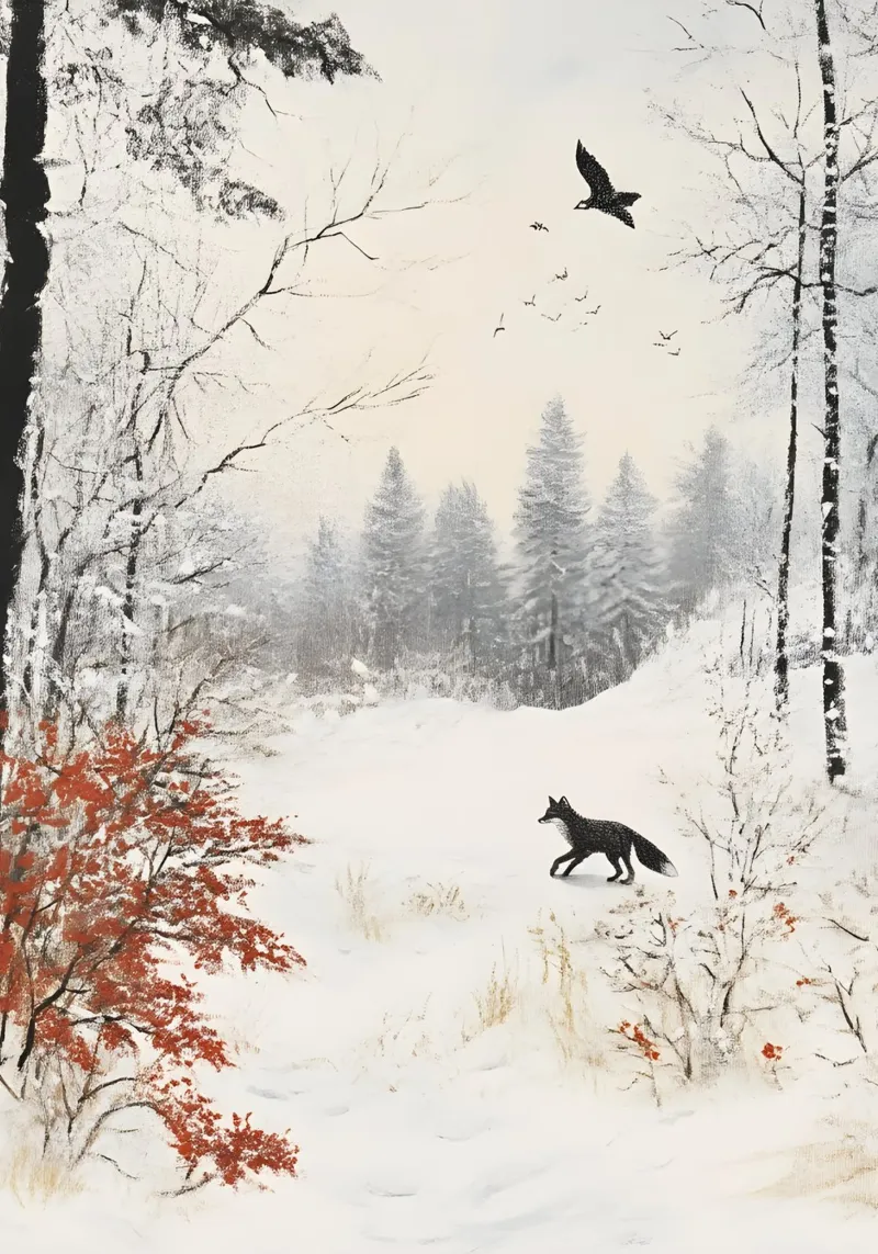 Impression d'art d'un paysage de forêt de renards en hiver - faune et flore enneigées toile avec Caisse américaine de ClubArt