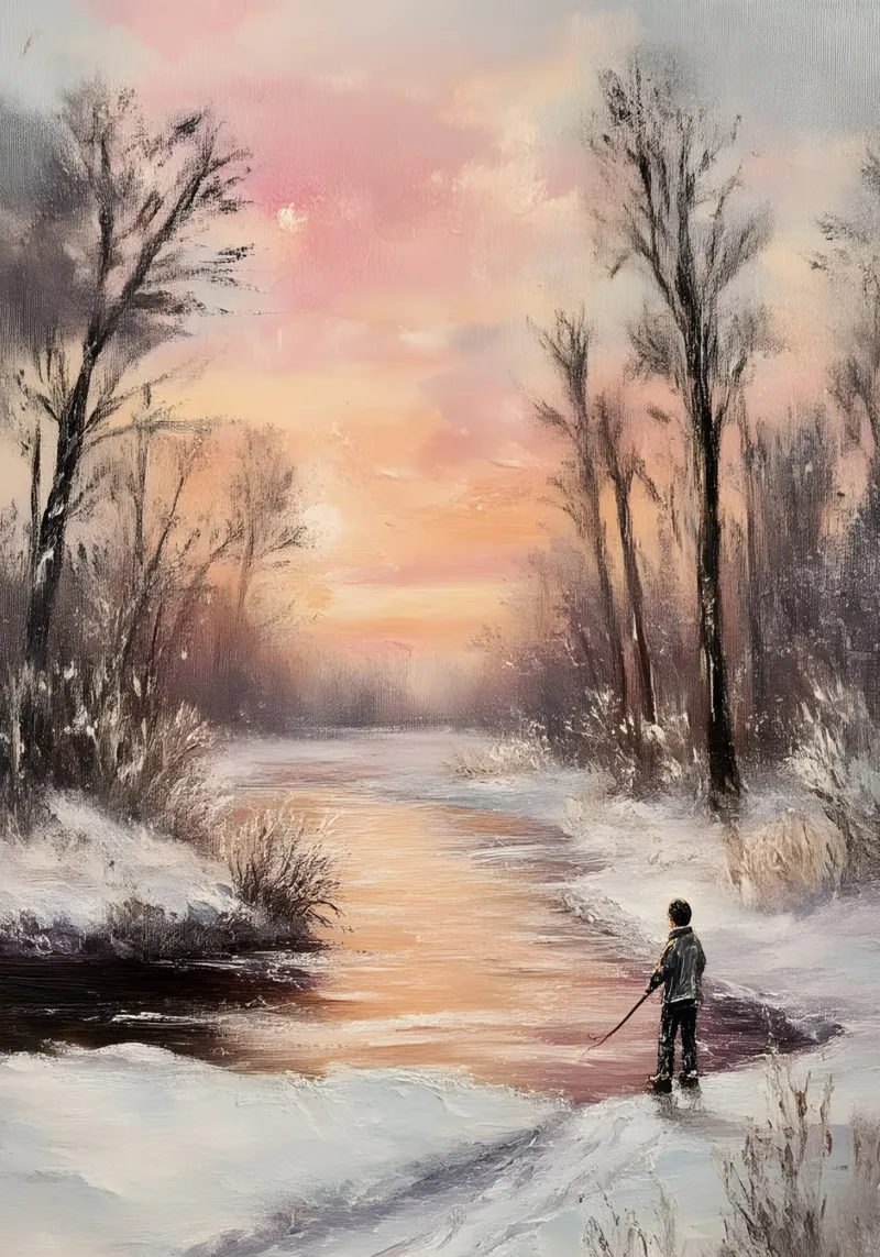 Winter Zonsondergang IJsvissen Kunstdruk - Rustige Rivier Scène canvas met Baklijst van ClubArt