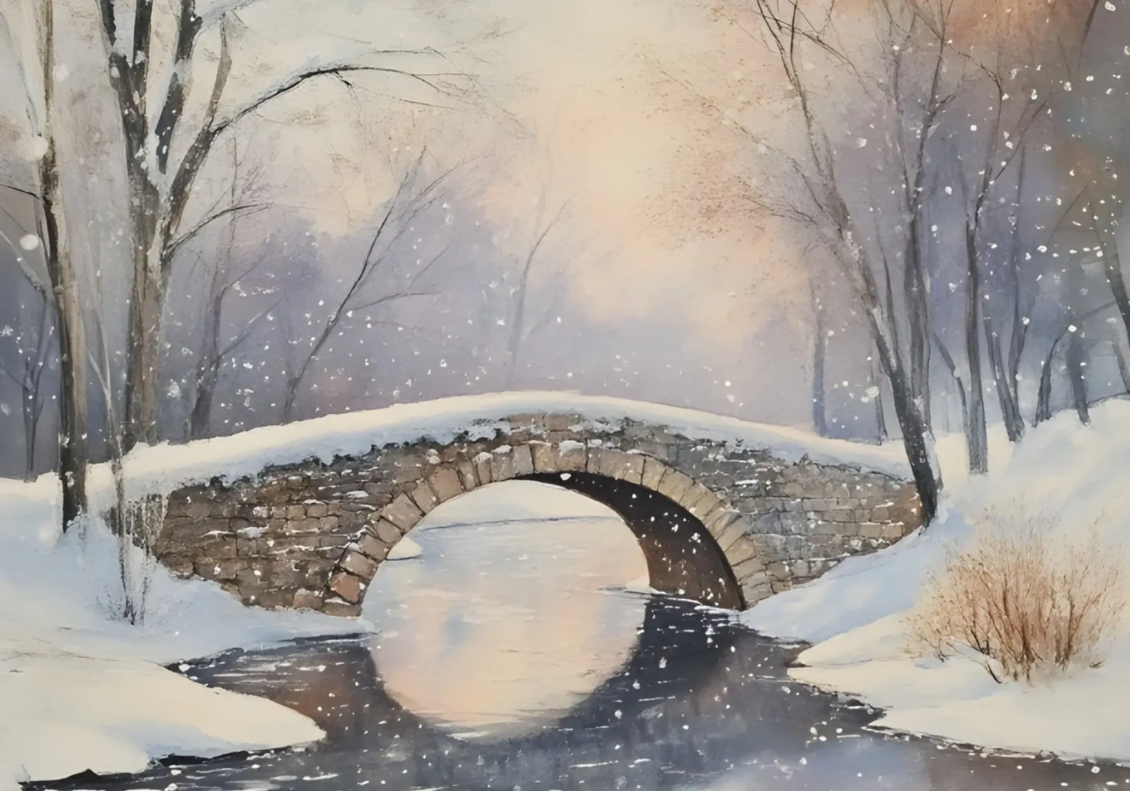Winter Stenen Brug Landschap - Snowy Creek Kunstdruk canvas met Baklijst van ClubArt