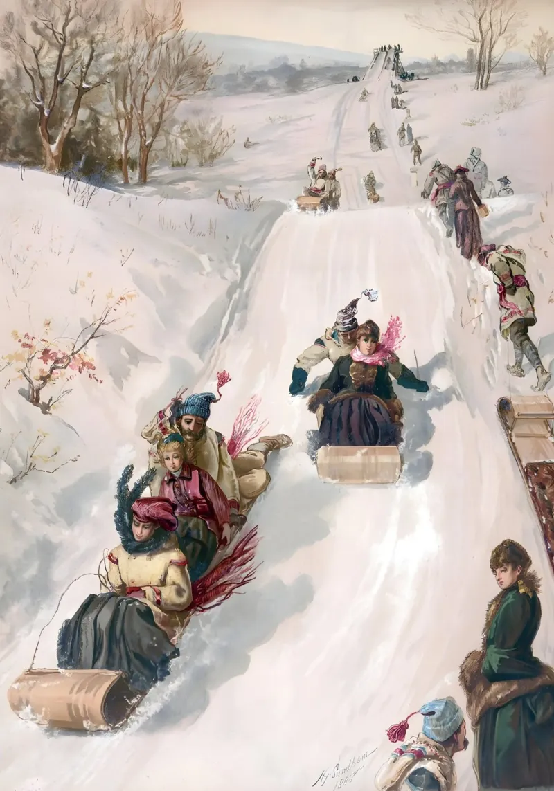 Victorian Sledding Winter Fun kunstdruk - nostalgische scène canvas van ClubArt