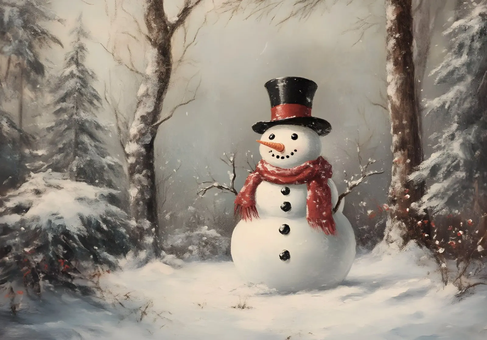 Festlicher Schneemann in verschneiten Wäldern Kunstdruck - Winter Charme Hahnemühle von ClubArt