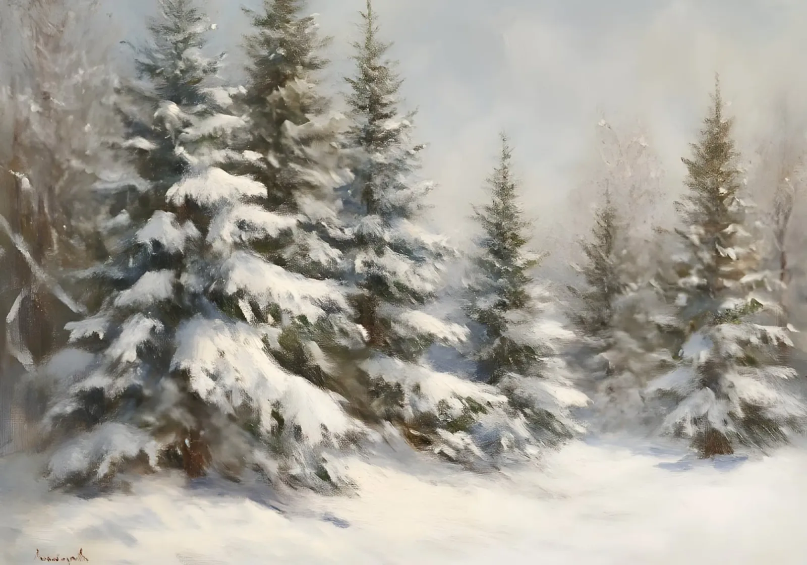 Kunstdruk van met sneeuw bedekt dennenbos - Sereen winterbos canvas met Baklijst van ClubArt