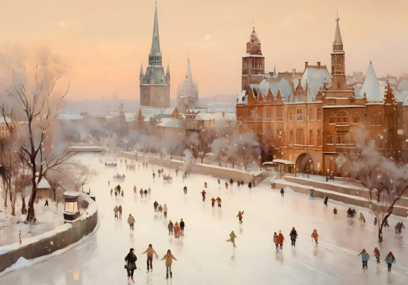 Scena di pattinaggio sul ghiaccio in città d'inverno - Stampa d'arte su città europee tela con Cornice a cassetta da ClubArt
