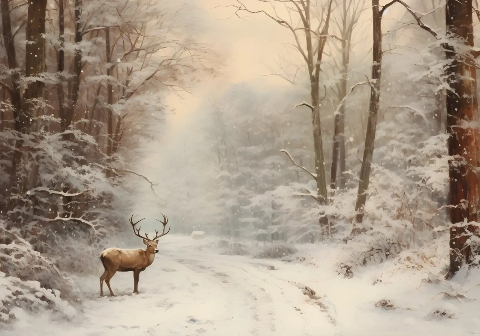 Impression d'art sur le cerf majestueux de la forêt d'hiver - faune et flore enneigées toile avec Caisse américaine de ClubArt