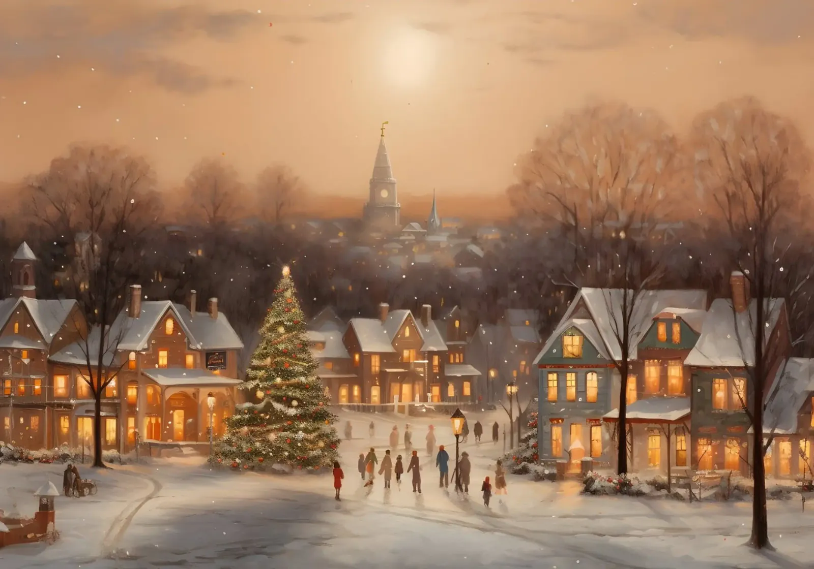 Gezellige kerstdorp kunstdruk - besneeuwd stadsgezicht canvas met Baklijst van ClubArt