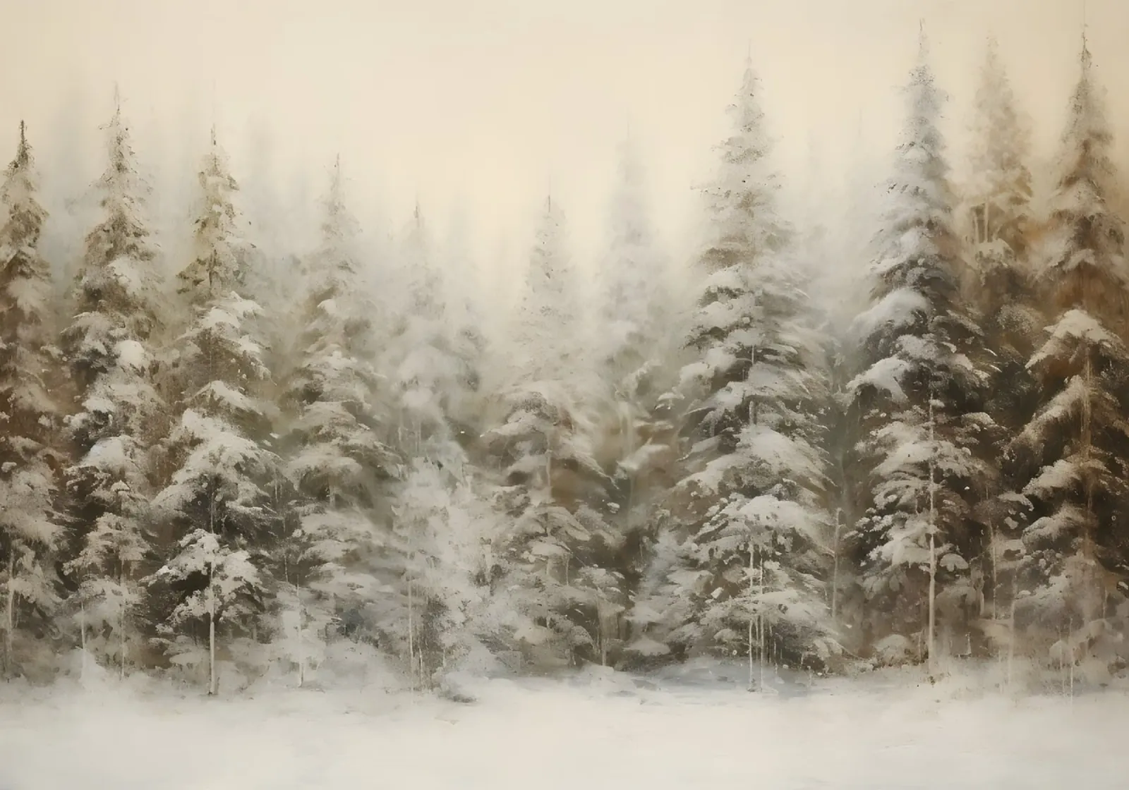Neblig verschneiter Kiefernwald Kunstdruck - Ätherische Winterszenen Hahnemühle von ClubArt
