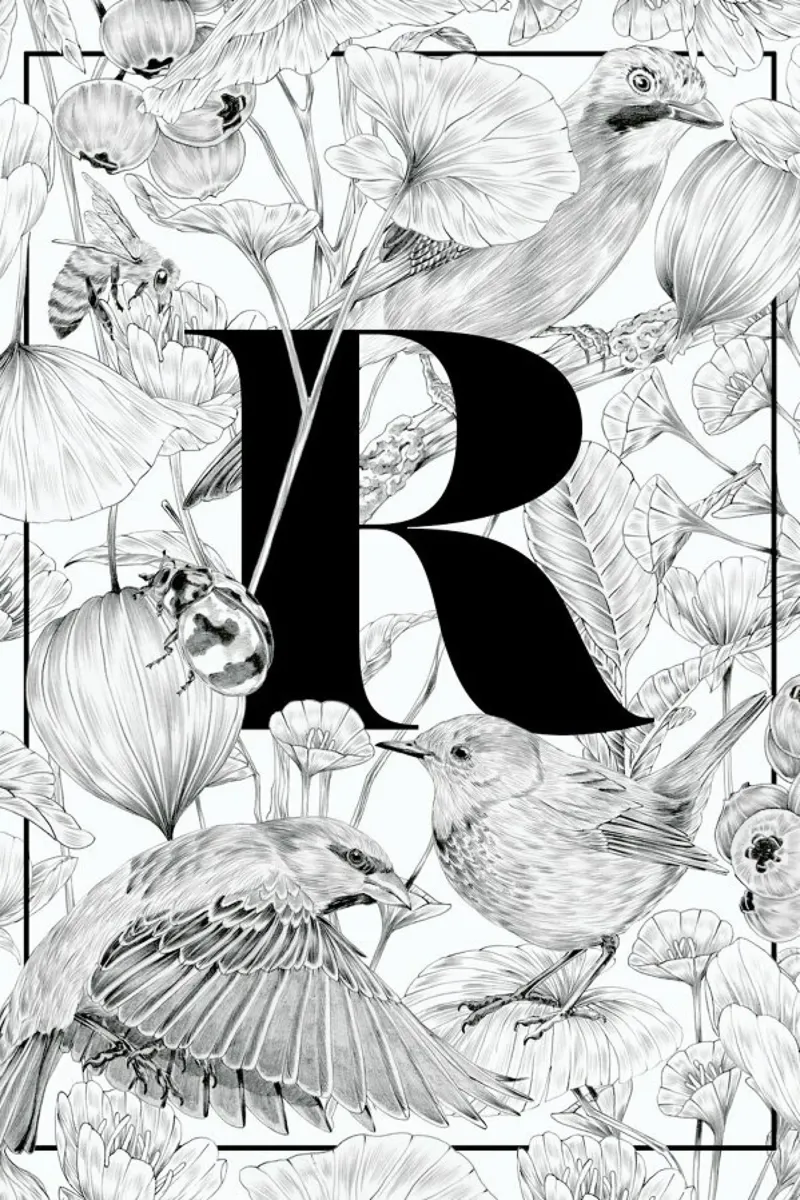 Floral Alphabet R poster with wooden frame by Faunesque