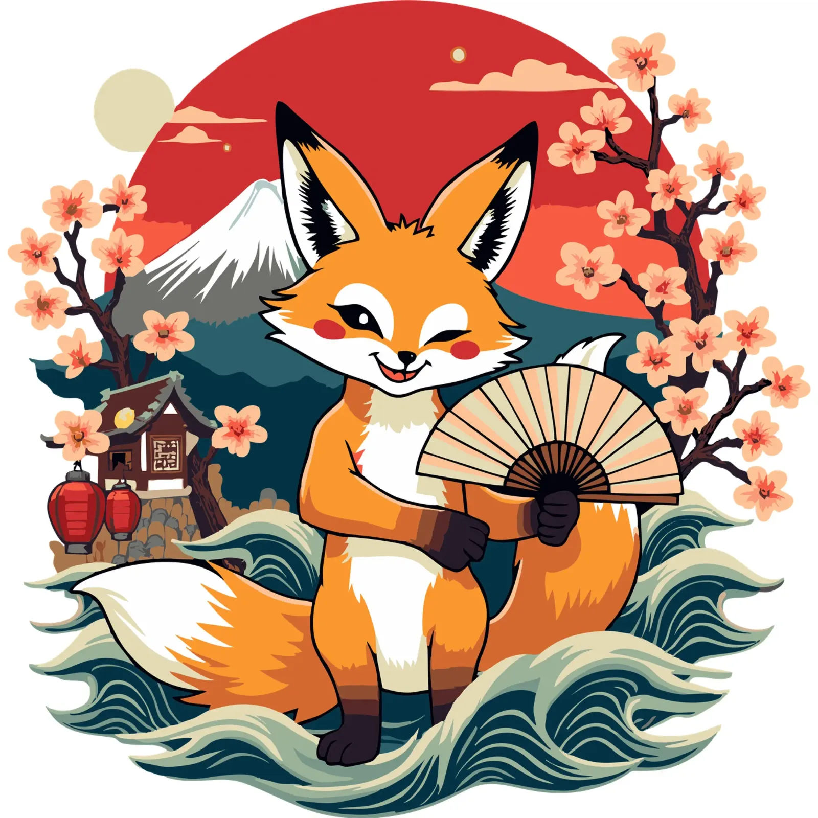 Simpatica volpe giapponese Kitsune con ventaglio - Monte Fuji e ciliegio in fiore pellicola backlit da artdesign1985