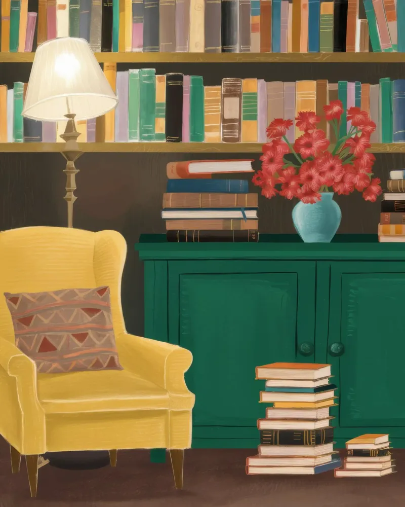 Bibliotheek met gele leunstoel canvas met Baklijst van FadeAura
