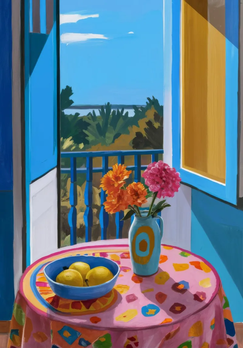 Blauer Balkon mit Meerblick Leinwand von FadeAura